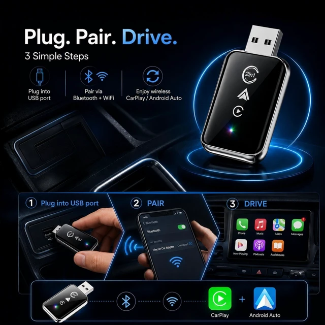 Alt view image 4 of 5 - Wireless CarPlay Adapter for iPhone & Android 2 in 1 Apple CarPlay & Android Auto Adapter, Plug & Play Bluetooth Dongle, Wired to Wireless Converter, USB-A + USB-C, Fast Auto Reconnect
