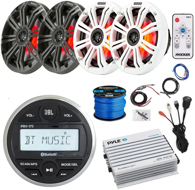 Main image of JBL Gauge Style Marine Digital Media Bluetooth Receiver, 4x 6.5" 195 Watt Peak Power Multicolor LED Speakers w/Charcoal and White Grilles, Wire, LED Remote, 4-Channel Amplifier w/Kit, USB/AUX Adapter