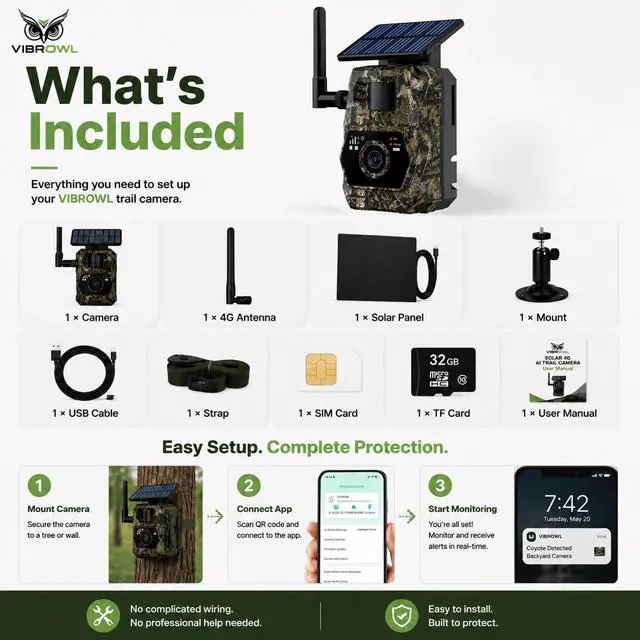 Alt view image 7 of 7 - VIBROWL AI Backyard Security Camera, 4G LTE Solar Outdoor Camera with AI Coyote & Animal Detection, Mobile Alerts, Remote Viewing and Night Vision