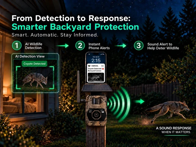 Alt view image 2 of 7 - VIBROWL Coyote Detection & Alert Camera for Backyard, AI Wildlife Detection, 4G LTE Solar Outdoor Security Camera, Remote Live View