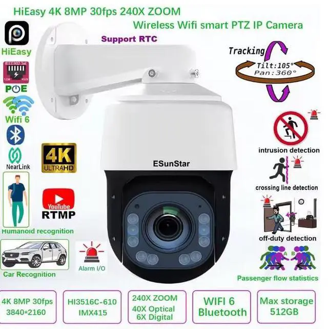 Alt view image 7 of 7 - Compatible 4K 8MP 30fps 240X ZOOM WiFi POE Speed Dome PTZ IP Camera Camera+512GB Card