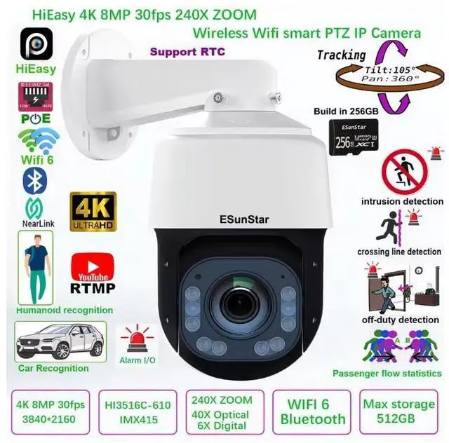 Main image of 4K 8MP 30fps 240X ZOOM WiFi POE Speed Dome PTZ IP Camera Protocol P2P Camera+256GB Card