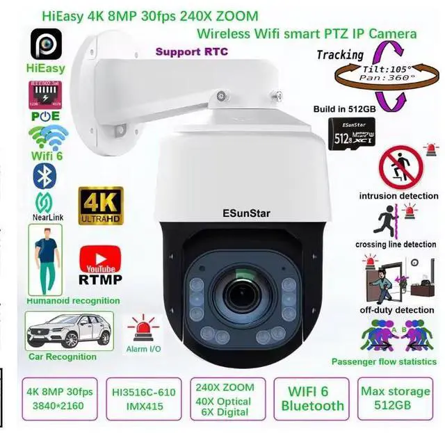 Main image of 4K 8MP WiFi POE 30fps 240X Zoom PTZ IP Camera Smart TrackingTwo Way Audio Onvif Camera+512GB Card