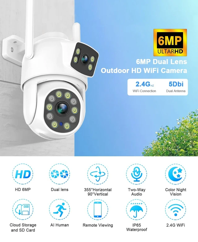 Alt view image 3 of 7 - 6MP IP Camera WiFi Security IP65 Outdoor Dual Lens Color Night AI Human Tracking