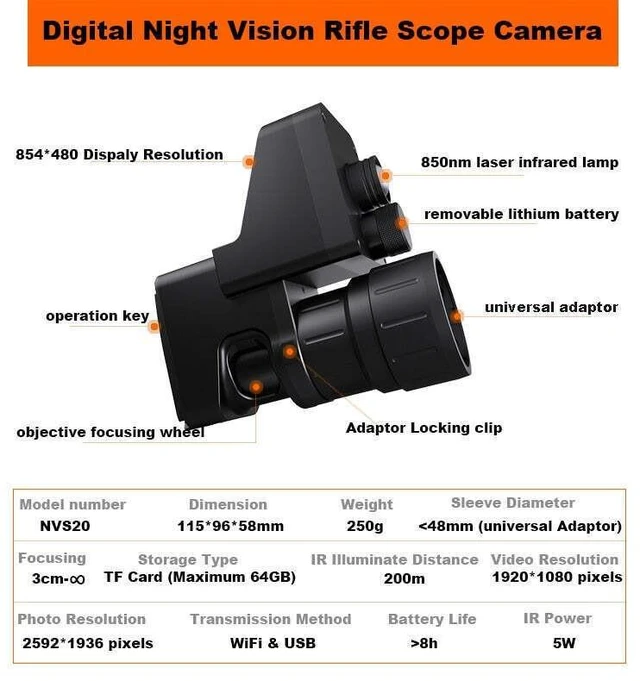 Alt view image 6 of 7 - NVS20 Night Vision Scope Sights Infrared Cameras Night Range 200m 850nm WIFI
