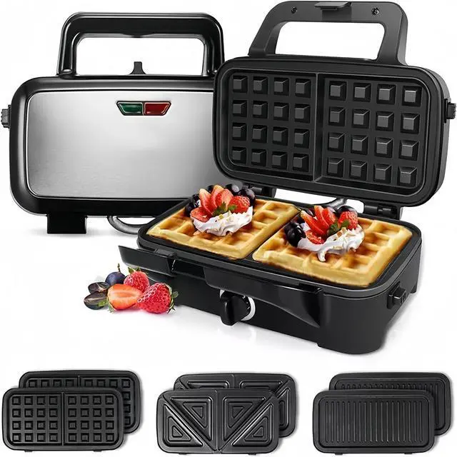 Main image of Idealforce 1-Pack 3-in-1 Belgian Waffle Maker with Sandwich/Panini Press, featuring non-stick plates and 1300W fast heating flip waffle maker, 3-in-1 breakfast maker, panini press grill, thick Belgian