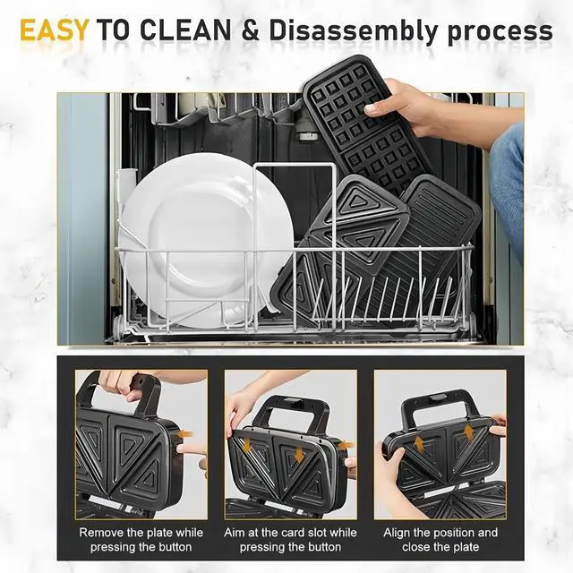 Alt view image 3 of 7 - Idealforce 1-Pack 3-in-1 Belgian Waffle Maker with Sandwich/Panini Press, featuring non-stick plates and 1300W fast heating flip waffle maker, 3-in-1 breakfast maker, panini press grill, thick Belgian