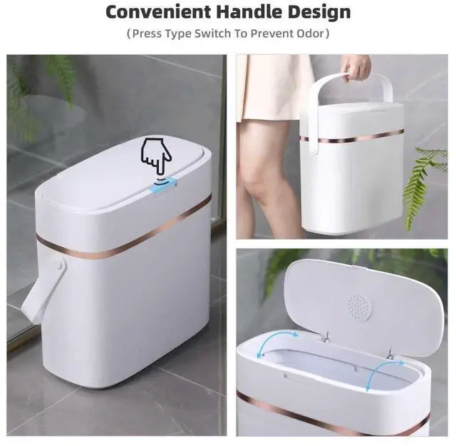 Alt view image 4 of 7 - Idealforce 3.6 Gallon Slim Bedroom Trash Can with Lid | Narrow Small Bathroom & Office Wastebasket Garbage Bin | Stainless Steel & Plastic Modern Design for Kitchen, Dorm, Vanity