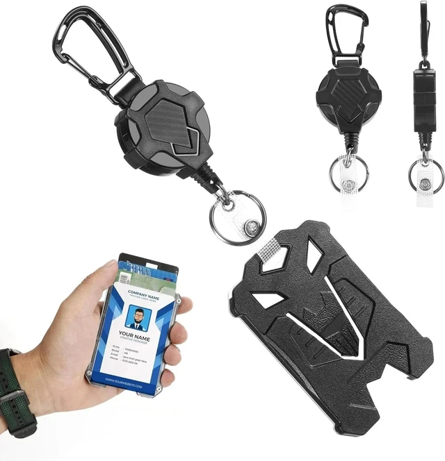 Main image of Idealforce 2 Pack Retractable Badge Holder Reel, Heavy Duty Carabiner Retractable Keychain, Tactical ID Card Holder with Lanyard, Ideal for Security, Trade Show ID Badge and Daily Work Identification