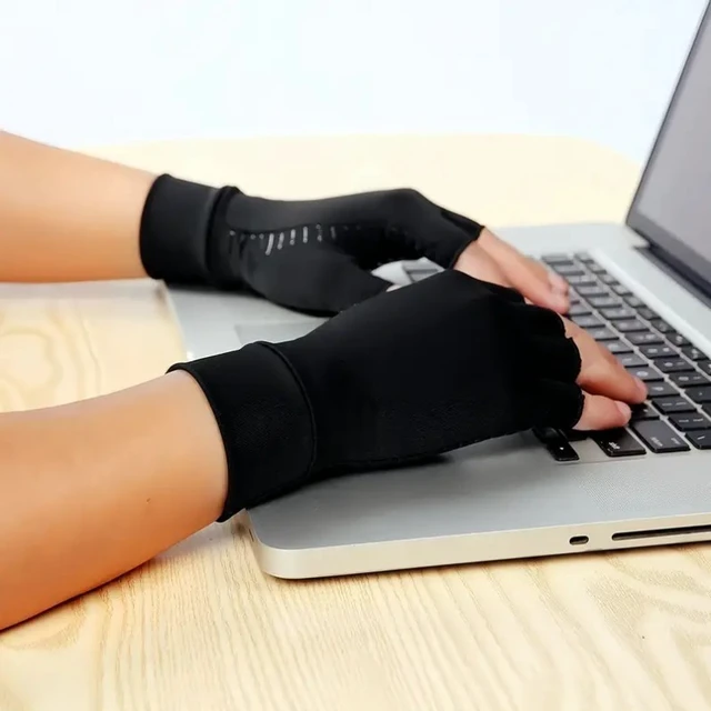 Alt view image 2 of 5 - Idealforce Copper Infused Open Finger Compression Gloves, Arthritis Hand Support for Joint Pain Relief, Comfort Gloves to Ease Carpal Tunnel Discomfort Size M