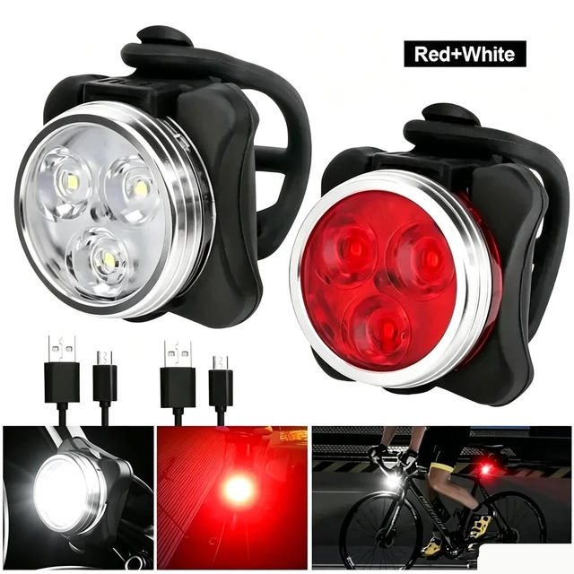 Alt view image 3 of 6 - Idealforce 4 Set USB Rechargeable LED MTB Bicycle Light Set, Mountain Bike Front Headlight and Rear Lamp, Cycling LED Torch Front & Rear Lights for Racing Bike Night Riding