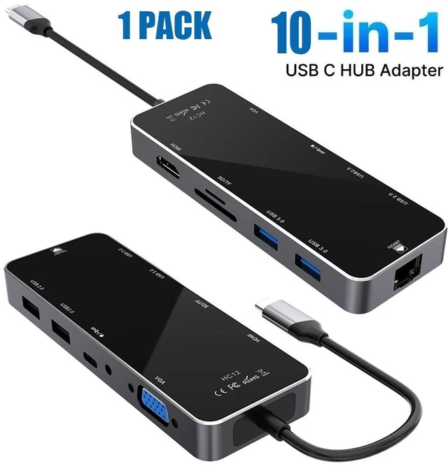 Main image of Idealforce 10 in 1 USB-C Multiport Hub Adapter, 4K HDMI VGA, 100W PD Charging, USB 2.0/3.0 Ports, RJ45 LAN Ethernet, SD TF Card Reader for Type-C Laptops