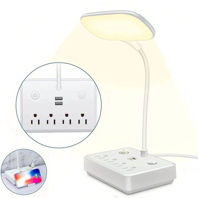 Alt view image 2 of 7 - Idealforce Adjustable LED Desk Lamp with Built-in Power Strip, 4 AC Outlets & 2 USB Charging Ports, 4ft Extension Cord, US Plug Multi-functional Table Light for Home Office