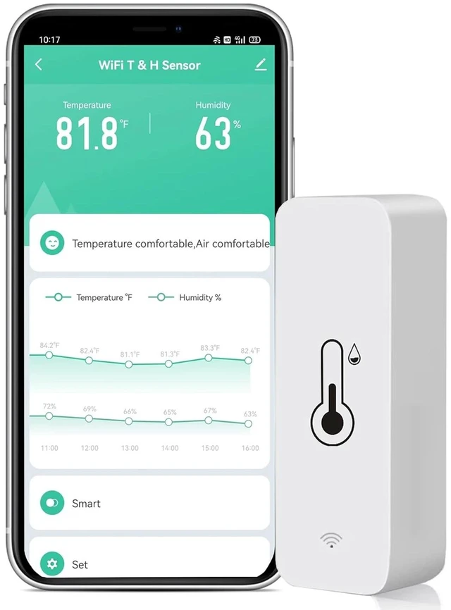 Main image of Idealforce WiFi Wireless Temperature Humidity Sensor, Smart Thermometer Hygrometer Detector, Smart Home Monitoring Device with Mobile App Remote Alert, Real-time Indoor Temperature & Humidity Tracking