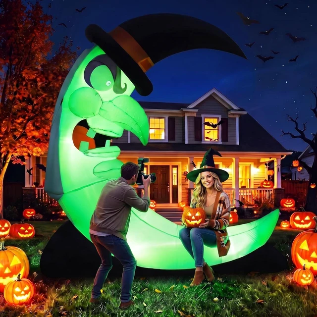 Alt view image 2 of 7 - Idealforce Giant 8.9FT Halloween Inflatable Witch on Moon with Bench, Built-in Green LED Light Lighted Blow Up Decor, Outdoor Yard Lawn Garden Holiday Party Spooky Halloween Inflatable Decoration