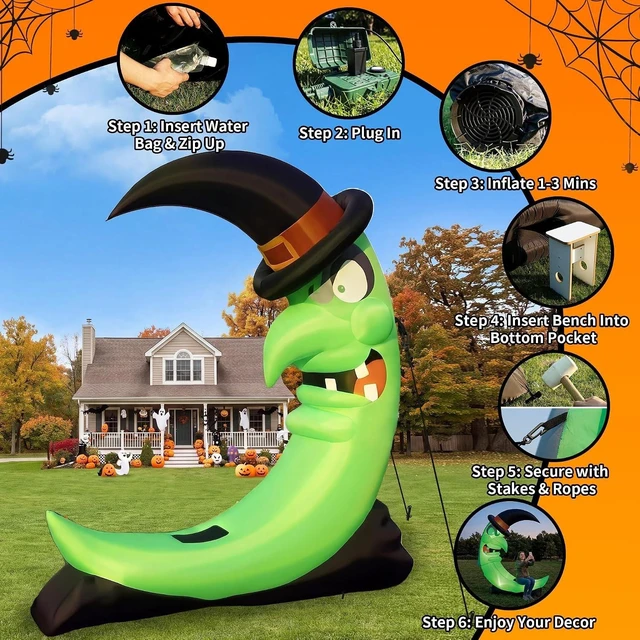 Alt view image 5 of 7 - Idealforce Giant 8.9FT Halloween Inflatable Witch on Moon with Bench, Built-in Green LED Light Lighted Blow Up Decor, Outdoor Yard Lawn Garden Holiday Party Spooky Halloween Inflatable Decoration