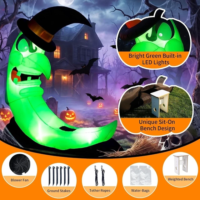 Alt view image 6 of 7 - Idealforce Giant 8.9FT Halloween Inflatable Witch on Moon with Bench, Built-in Green LED Light Lighted Blow Up Decor, Outdoor Yard Lawn Garden Holiday Party Spooky Halloween Inflatable Decoration