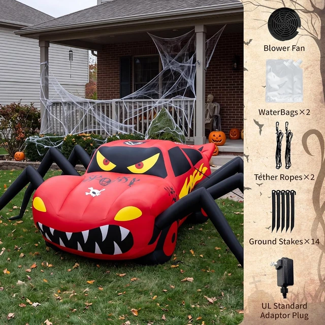 Alt view image 4 of 7 - Idealforce 14.8 Giant Red LED Inflatable Spider Race Car, Super Giant Halloween Blow Up Prop with LED Lights, Outdoor Yard Lawn Garden Spooky Inflatable Decoration for Halloween Holiday Party
