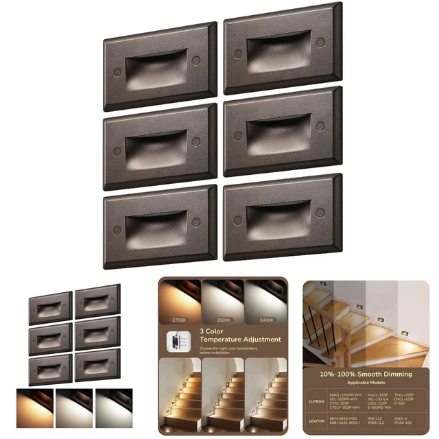 Alt view image 2 of 7 - Idealforce 6 Pack 120V LED Step Lights, IP65 Waterproof 3 CCT Selectable Dimmable Outdoor Stair Lights, Oil-Rubber Bronze for Patio, Deck and Walkway