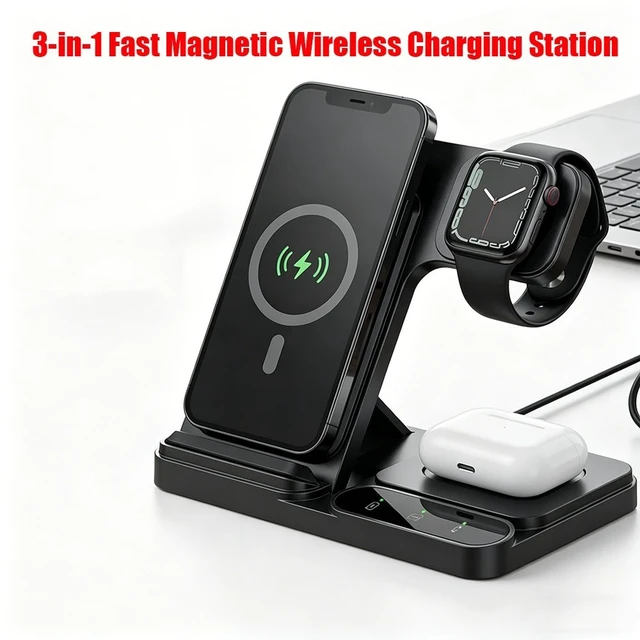 Alt view image 2 of 7 - Idealforce Mag-Safe 3-in-1 Wireless Charger Station, Portable Fast Charging Dock Compatible with iPhone, iWatch and AirPods