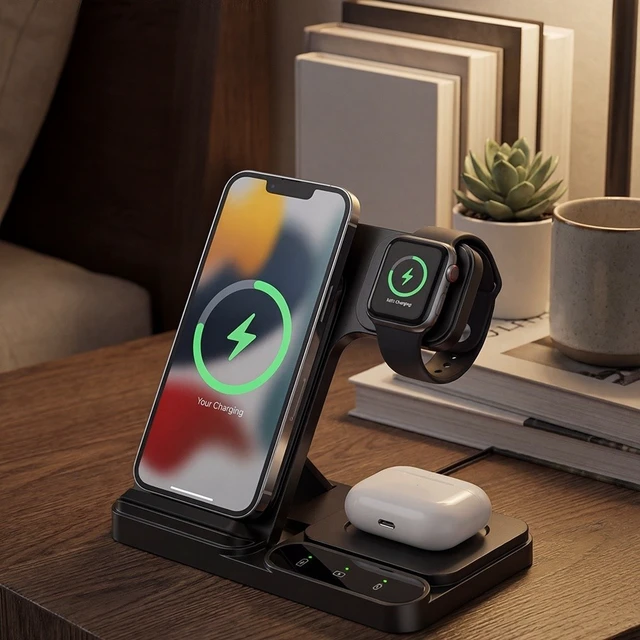 Alt view image 6 of 7 - Idealforce Mag-Safe 3-in-1 Wireless Charger Station, Portable Fast Charging Dock Compatible with iPhone, iWatch and AirPods