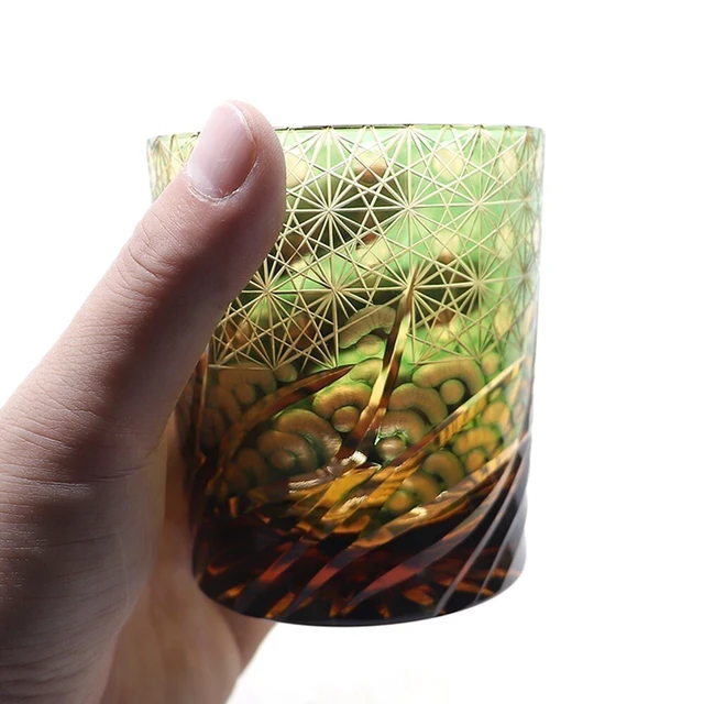 Alt view image 5 of 7 - Idealforce Hand Cut Edo Kiriko Amber Green Crystal Whiskey Tumbler, 9oz Heavy Base Drinkware, Japanese Style Glass Cup for Whisky, Vodka, Wine, Cocktails and Home Bar Collection