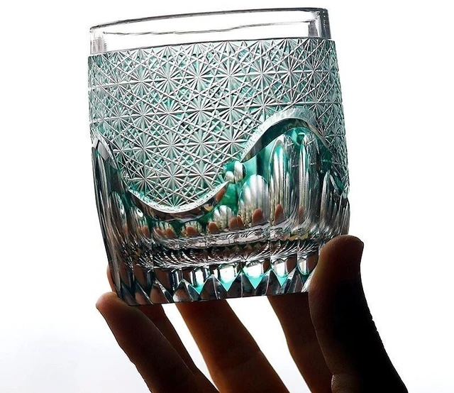 Alt view image 2 of 7 - Idealforce Handcrafted Green Edo Kiriko Luxury Crystal Whiskey Tumbler, 9oz Hand Cut-to-Clear Heavy Base Glass, Elegant Drinkware with Gift Packaging for Home Bar