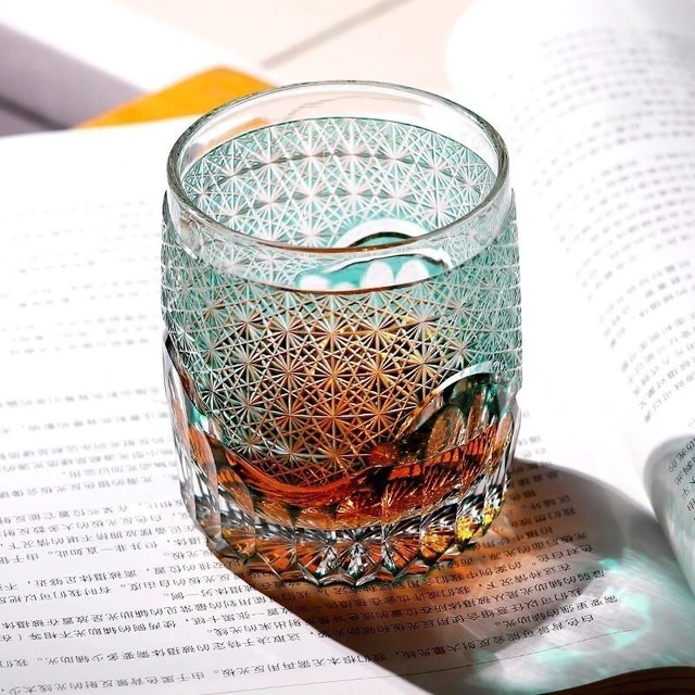 Alt view image 3 of 7 - Idealforce Handcrafted Green Edo Kiriko Luxury Crystal Whiskey Tumbler, 9oz Hand Cut-to-Clear Heavy Base Glass, Elegant Drinkware with Gift Packaging for Home Bar