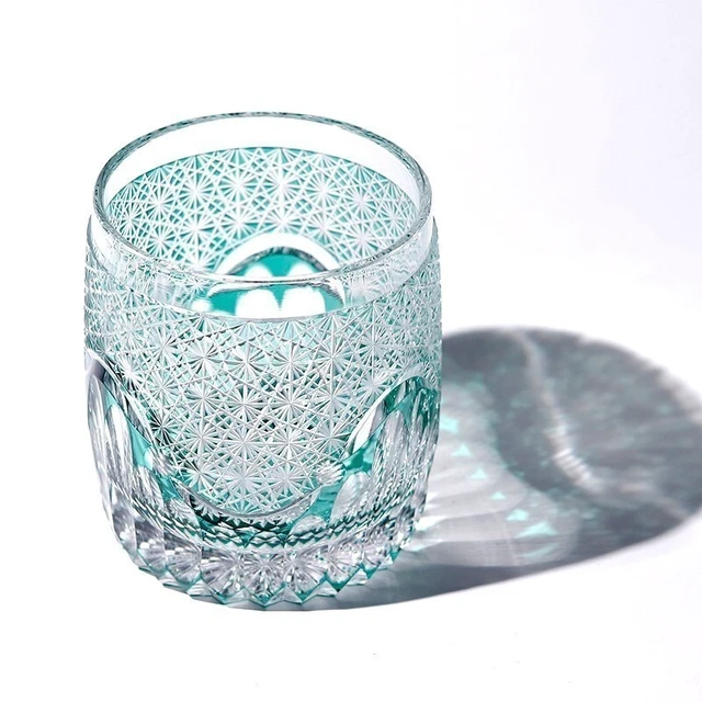 Alt view image 4 of 7 - Idealforce Handcrafted Green Edo Kiriko Luxury Crystal Whiskey Tumbler, 9oz Hand Cut-to-Clear Heavy Base Glass, Elegant Drinkware with Gift Packaging for Home Bar