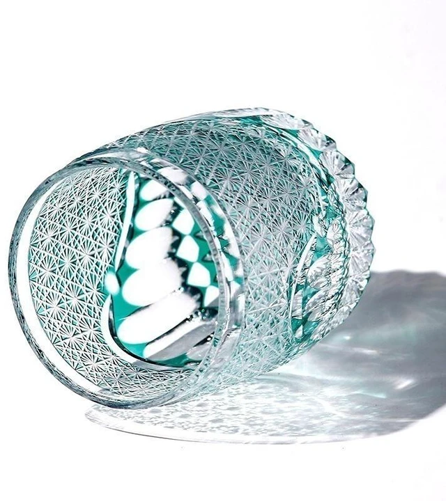 Alt view image 6 of 7 - Idealforce Handcrafted Green Edo Kiriko Luxury Crystal Whiskey Tumbler, 9oz Hand Cut-to-Clear Heavy Base Glass, Elegant Drinkware with Gift Packaging for Home Bar