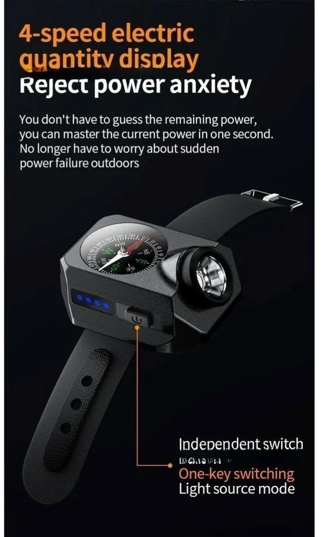 Alt view image 3 of 7 - Idealforce 2-in-1 Rechargeable LED Wrist Light with Compass, Portable USB Charging Outdoor Bracelet Lamp for Running, Hiking and Camping