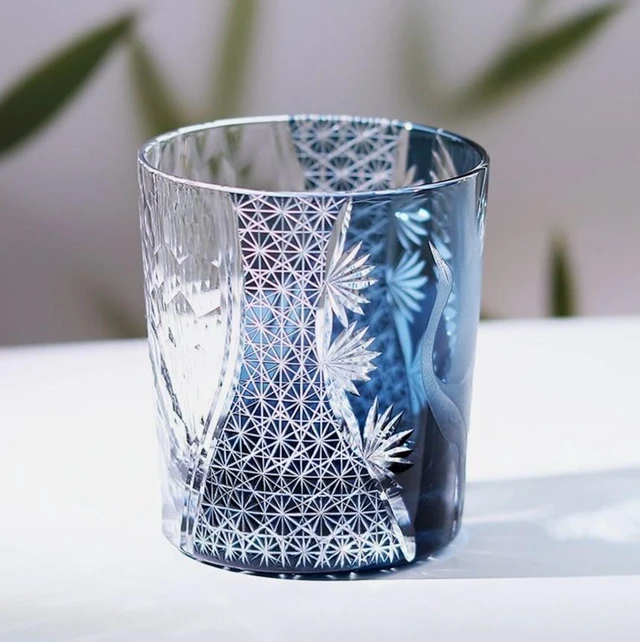 Alt view image 2 of 4 - Idealforce 9oz Edo Kiriko Crystal Whiskey Tumbler, Hand Cut Ink Blue Flying Crane Pattern, Heavy Base Art Glass Cup for Bourbon