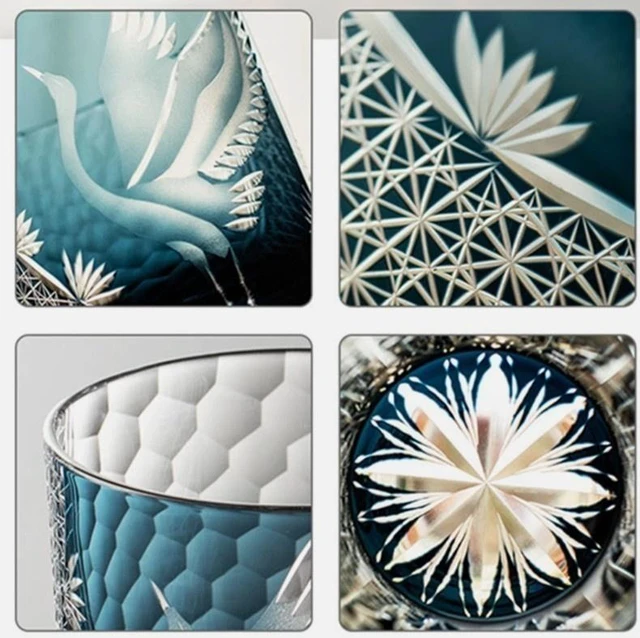 Alt view image 4 of 4 - Idealforce 9oz Edo Kiriko Crystal Whiskey Tumbler, Hand Cut Ink Blue Flying Crane Pattern, Heavy Base Art Glass Cup for Bourbon