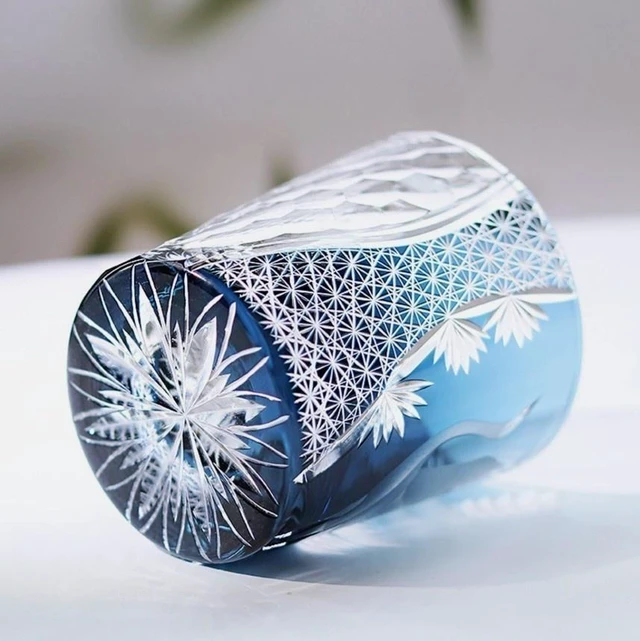 Alt view image 3 of 4 - Idealforce 9oz Edo Kiriko Crystal Whiskey Tumbler, Hand Cut Ink Blue Flying Crane Pattern, Heavy Base Art Glass Cup for Bourbon