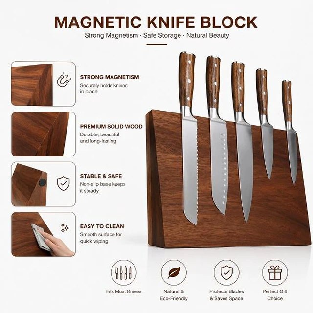 Main image of Idealforce Solid Wood Magnetic Knife Block, Multipurpose Magnet Knife Holder, Space Saving Kitchen Countertop Knife Storage Stand for Kitchen Cutlery