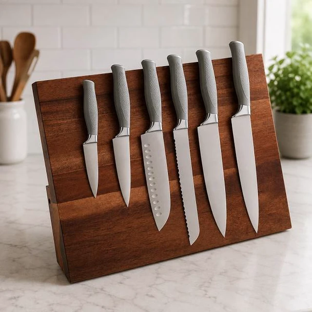 Alt view image 3 of 5 - Idealforce Solid Wood Magnetic Knife Block, Multipurpose Magnet Knife Holder, Space Saving Kitchen Countertop Knife Storage Stand for Kitchen Cutlery