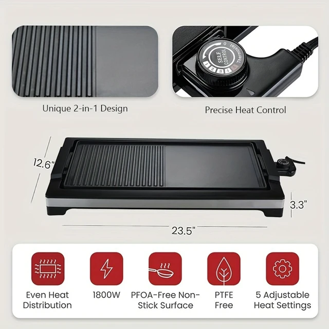 Alt view image 2 of 7 - Idealforce 1800W Smokeless Electric Indoor BBQ Griddle, Large Non-Stick Cooking Plate with 5 Levels Adjustable Temperature for Home Party Cooking