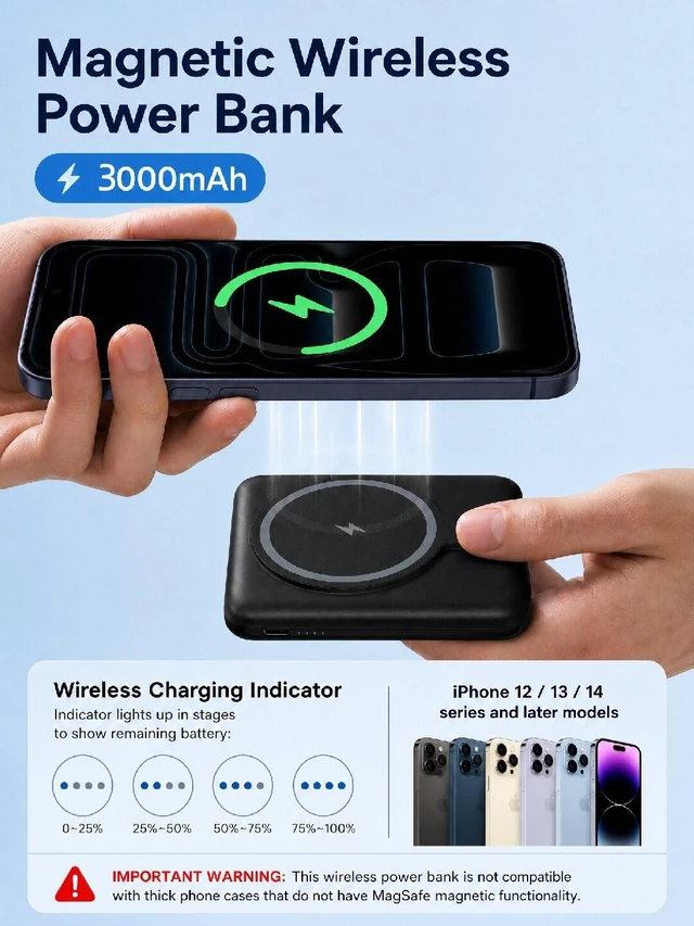 Alt view image 4 of 7 - Idealforce 3000mAh Magnetic Wireless Power Bank, Portable MagSafe Fast Charging Battery Pack for iPhone 12/13/14/15/16/17/18
