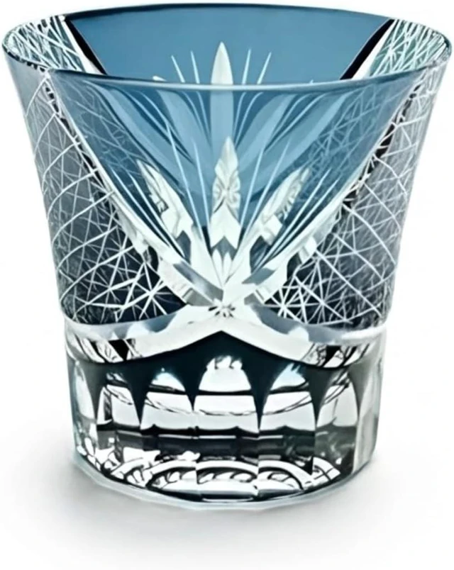 Main image of Idealforce Ink Blue Edo Kiriko Style Hand Cut Cased Crystal Whiskey Glass 8oz 220ml Premium Hand Carved Bohemian Tumbler for Whiskey Brandy Bar Home Drinking