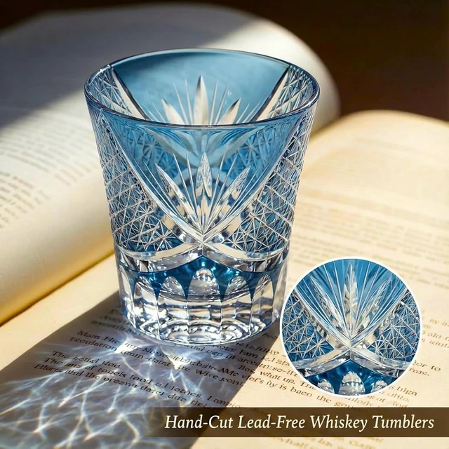Alt view image 2 of 7 - Idealforce Ink Blue Edo Kiriko Style Hand Cut Cased Crystal Whiskey Glass 8oz 220ml Premium Hand Carved Bohemian Tumbler for Whiskey Brandy Bar Home Drinking