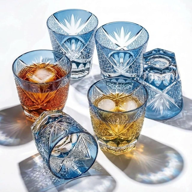 Alt view image 3 of 7 - Idealforce Ink Blue Edo Kiriko Style Hand Cut Cased Crystal Whiskey Glass 8oz 220ml Premium Hand Carved Bohemian Tumbler for Whiskey Brandy Bar Home Drinking