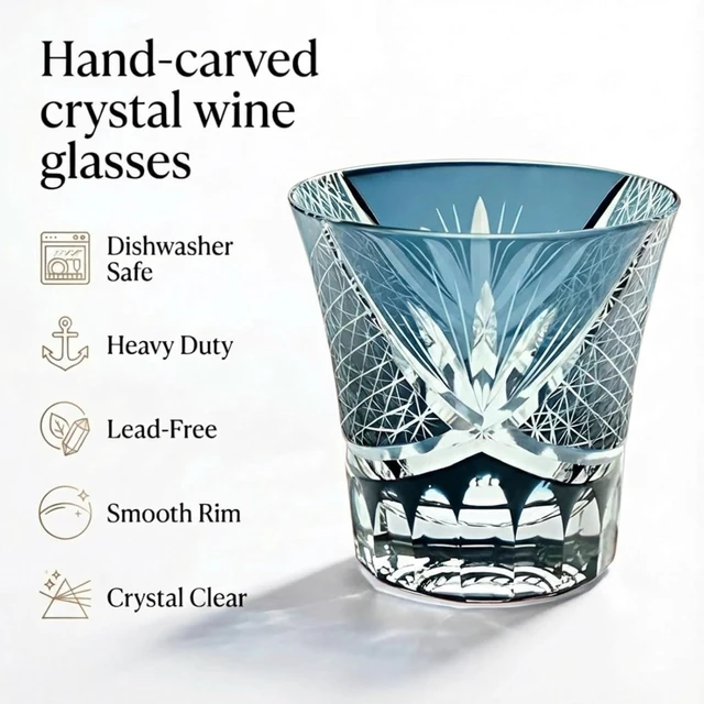 Alt view image 6 of 7 - Idealforce Ink Blue Edo Kiriko Style Hand Cut Cased Crystal Whiskey Glass 8oz 220ml Premium Hand Carved Bohemian Tumbler for Whiskey Brandy Bar Home Drinking
