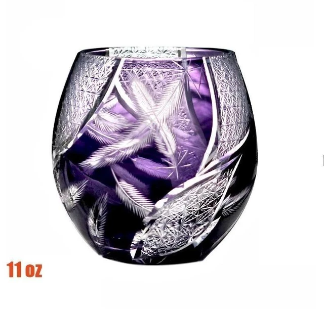 Main image of Idealforce Purple Feather Edo Kiriko Lead Free Crystal Whiskey Glass 11oz Hand Cut Japanese Round Cocktail Tumbler Cup for Bar Home Decor and Gift Collection