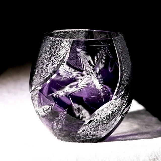 Alt view image 2 of 7 - Idealforce Purple Feather Edo Kiriko Lead Free Crystal Whiskey Glass 11oz Hand Cut Japanese Round Cocktail Tumbler Cup for Bar Home Decor and Gift Collection