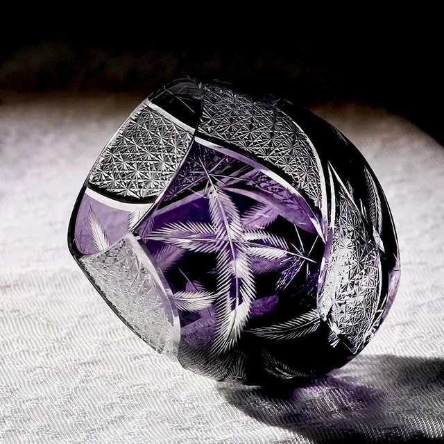 Alt view image 4 of 7 - Idealforce Purple Feather Edo Kiriko Lead Free Crystal Whiskey Glass 11oz Hand Cut Japanese Round Cocktail Tumbler Cup for Bar Home Decor and Gift Collection