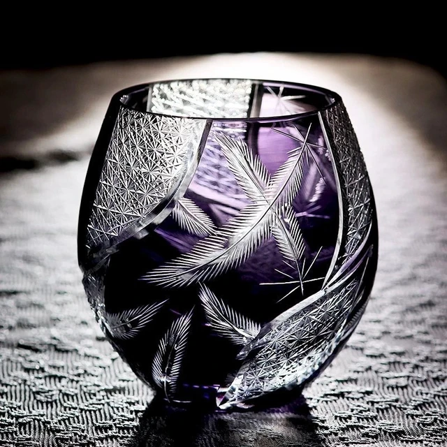 Alt view image 3 of 7 - Idealforce Purple Feather Edo Kiriko Lead Free Crystal Whiskey Glass 11oz Hand Cut Japanese Round Cocktail Tumbler Cup for Bar Home Decor and Gift Collection