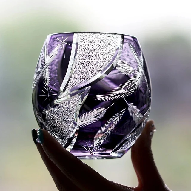 Alt view image 6 of 7 - Idealforce Purple Feather Edo Kiriko Lead Free Crystal Whiskey Glass 11oz Hand Cut Japanese Round Cocktail Tumbler Cup for Bar Home Decor and Gift Collection