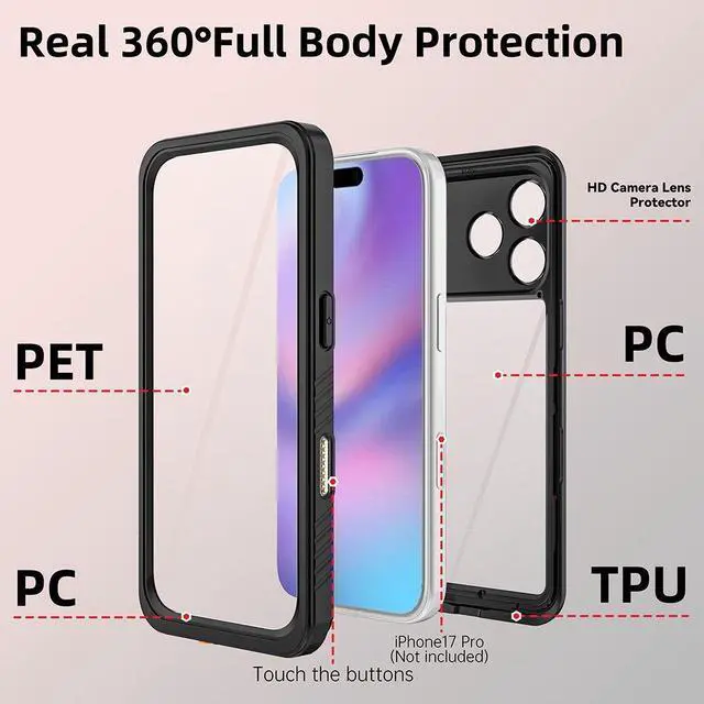 Alt view image 4 of 6 - Redpepper Waterproof Case For iPhone 17 Pro With built-in Screen Protector,Anti-drop&Dust-proof&Snow-proof Cover For iPhone 17 Pro Black