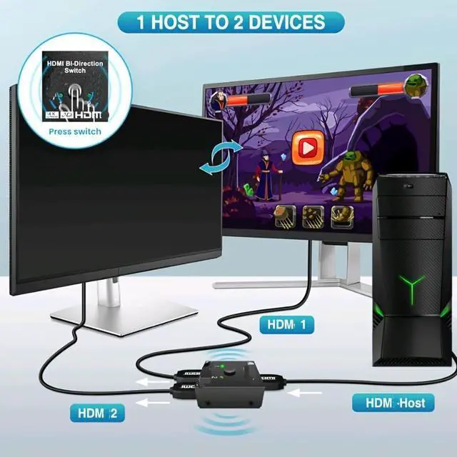 Alt view image 3 of 6 - Idealforce HDMI 2.0 Switch Splitter Combo, 2x1 1x2 Bidirectional Switcher Splitter, 4K 60Hz HDMI Hub, 4K HDMI Selector for 2 Monitors, PS5 Xbox Nintendo Switch, PC Laptop TV Projector, HDCP 2.2, HDR,