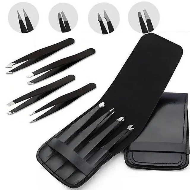 Alt view image 2 of 7 - 4 pcs Eyebrow Tweezers Eyebrow Clip Beauty Pluckers+Case Precision Eyebrow Tweezers Set Stainless Steel Ingrown Facial Hair Removal